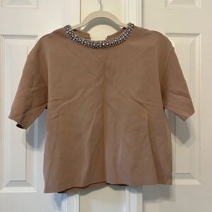 Zara Beige Knit Top with Crystal Collar – Short Sleeve Embellished Sweater Tee